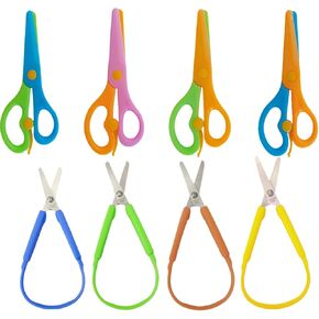 Loop Scissors for Children and Teens, Self Opening Adaptive Scissors，Colorful Looped Scissors，Children Safety Scissors,Easy-Open Squeeze Handles，For Special Needs 8-Pcs