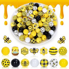 Whaline 220Pcs Bee Wood Beads Bee Honeycomb Honey Jar Bee Happy Wooden Beads Colorful Spring Summer Bee Craft Loose Beads with Hemp Rope for DIY Crafts Making Bracelet Necklaces Home Decor
