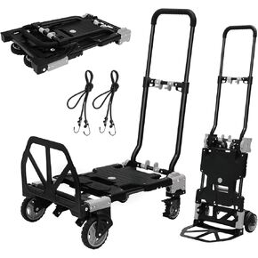 2-in-1 Folding Hand Truck – 330LB Heavy-Duty Dolly Cart with 2 Large Rubber Wheels, 2 Swivel Wheels with Brakes, Retractable Handle, Includes 2 Bungee Cords for Moving, Shopping, and Office Use (Red)