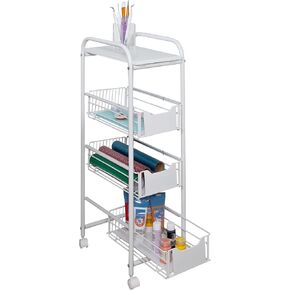 4-Tier Slim Rolling Metal Utility Cart with Drawers, White