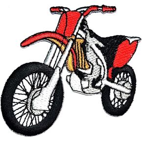 Red Motorcycle Motocross Racing Dirt Bike Off-Road Cartoon Embroidered Iron On or Sew On Patch Craft Decorative Repair Logo Jeans Jacket Clothing Handbag Shoes Caps Fabric