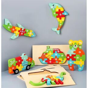 Hands On- Montessori Puzzle Set for Kids (3-5yo). Developmental & Educational Toy. 6- Wooden Shapes: Dinosaur, Bear, Dolphin, Fire Truck, Boat, & Airplane. Learn Numbers & Colors.