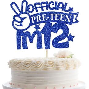 Official Pre-teen I'm 12 Cake Topper, 12 Years Old Boy Birthday Party Decoration Supplies, Pre-teen Boy Birthday Cake Picks, Happy 12th Birthday Cake Topper Blue Glitter