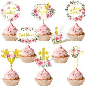 Mi Bautizo Cupcake Toppers Decorations - 24 PCS Rose Gold Baptism Cupcake Topcake Cross God Grod Cake Decorations for Baptism shown chower kids birdvict stird supplies in Kuwait