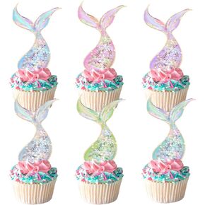48Pcs Mermaid Tail Cupcake Toppers, Baby Shower Supplies, Picks for Mermaid theme Birthday Party Decoration, Under the Sea Cake Decorations