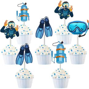 Scuba Diving Cake Decorations, 24pcs Scuba Diving Cupcake Topper Under The Sea Cupcake Topper Decor for Scuba Diving Birthday Deep Sea Diving Under Water Party Supplies