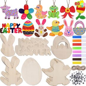 JOYIN 60 Pcs Easter Unfinished Wood Cutouts Easter Hanging Ornaments with Holes Wood Slices to Paint Hang Tags Easter Crafts for Kids DIY Easter Party Decorations Easter Art and Crafts Party Supplies