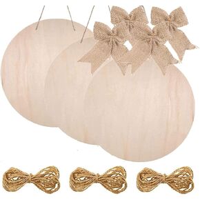 3 Pieces 12 Inch Blank Wood Circles Sign-Unfinished Wood Slices with Twine and Bows for DIY Crafts, Door Hanger, Sign, Wood Buring, Painting, Christmas Decor