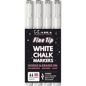 Kassa 4-Pack Fine Tip White Chalk Markers | Includes 2 3mm Reversible Bullet, Chisel Tips | Works on Chalkboard, Blackboard, Windows & Mirrors | Erasable & Dust-Free | Ideal Use at Home, School & More