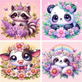 Xylogist 4 Pack Cute Diamond Art Kits for Beginner, 4Pack Cartoon Animals Diamond Painting Kits, 5D Round Diamond Art Painting Gem Art, for Home Wall Decor and Girfts 8X8 Inch