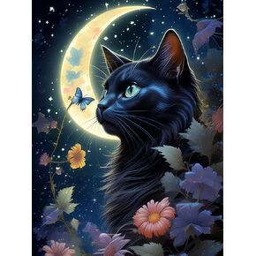 Cat Diamond Art Kits for Adults Beginner with Round Diamond Moon Cats Diamond Painting Kits for Adults Full Drill Round Rhinestone Crafts Kits for Home Wall Decor 11.8X15.7inch