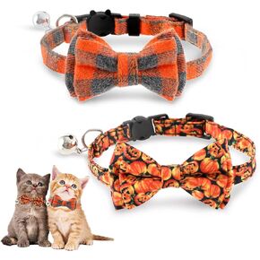 Whaline 2 Pack Fall Cat Collar Thanksgiving Halloween Pet Bowtie Collar with Orange Gray Buffalo Plaid Scary Pumpkin Pattern Bow Tie Collar Adjustable Cat Collar for Small Cats and Dogs
