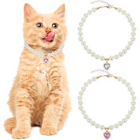 2 Pcs Cat Dog Pearl Collar, Heart Shaped Rhinestone Pet Necklace Dog Pearl Rhinestone Cat Collar, Beaded Dog Necklace Adjustable Pet Jewelry Accessories for Small Dogs Cats(White and Pink)