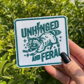 Unhinged and Feral Patch 3 Inches Raccoon Funny Quote Saying Hilarious Gifts Iron On/Sew On Embroidery Fabric Applique Patches for Trucker Hats Clothes Backpack DIY Accessories Friends Mom Gifts