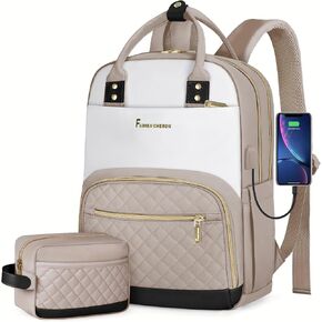 Travel Backpack for Women,15.6 Inch Laptop Backpack for College,Travel Backpack Carry on Flight Approved with USB Charger and Toiletry Bag(Beige-Black, 15.6inch)