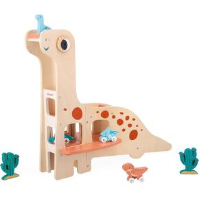 Janod Dino - Wooden Dinosaur Garage - Includes 4 Dino Cars, Elevator, and 2 Accessories - Ages 2-6 Years - J05835
