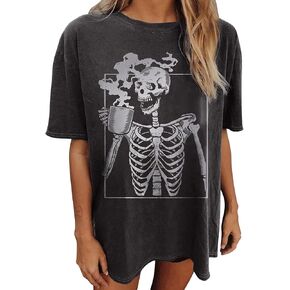Hetdevi Oversized Graphic Tees for Women Black Vintage Skeleton Skull Shirts Cotton Baggy Crew Neck T Shirt Grunge Loose Tops