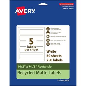 Avery EcoFriendly Matte White Recycled Rectangle Labels, 1.5" x 7.5", Print-to-The-Edge, Matte White Labels, Permanent Label Adhesive, Laser/Inkjet, 50 Printable Labels