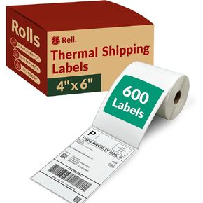 Reli. Thermal Shipping Labels (600 Sheets) 4x6 Labels Roll | Direct Heat Printer Paper | Shipping Stickers Compatible w/Rollo & Most Thermal Printers (2 Rolls, 4"x6", White)