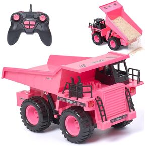 Top Race Remote Control Dump Truck - Pink - 4WD RC Dump Truck with Interactive Lifting Bed, Realistic Design, Powerful Engine, and Durable Non-Toxic Plastic Build for Safe and Fun Play