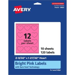 Avery Printable Heart Labels with Sure Feed Technology, 2-9/32" x 1-27/32", Bright Pink Labels, Print-to-The-Edge, Laser/Inkjet, 120 Total, Great for Mailing Seals and Packaging Labels