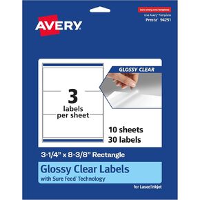 Avery Glossy Clear Rectangle Labels with Sure Feed, 3-1/4" x 8-3/8", 150 Glossy Clear Labels, Laser/Inkjet Printable Labels