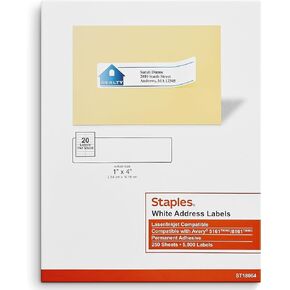 Staples® White Inkjet/Laser Address Labels 1" X 4", 5,000/Box