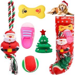 Christmas Stocking Dog Toys, 5Pcs Xmas Dog Toys Set with Santa Rope Toy, Squeaky Dog Toys, Tennis Ball, Pet Supplies for Interactive Small & Medium Dogs Christmas Decorations