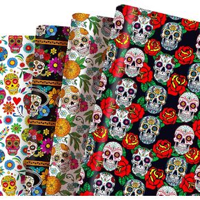 littkeef cliaet 12 Sheets Day of the Dead Wrapping Paper Mexican Skull Floral Design Set 4 Designs 20'' x 27'' Gift Wrapping Paper for Day of the Dead Party Supplies