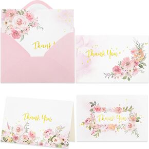 Crisky Thank You Cards 4 Assortment, Watercolor Painted Florals (50 Cards with Envelopes for Birthday, Baby Shower, Bridal Shower, Wedding, All Occasion)