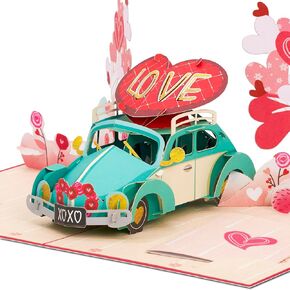 Love Car Valentines Pop Up Card, Blue Beetle For Love, Birthday, All Occasion, Just Because, Gift for Him, Husband, Boyfriend, Crush, Father, 5x7 - Includes Envelope And Message Note