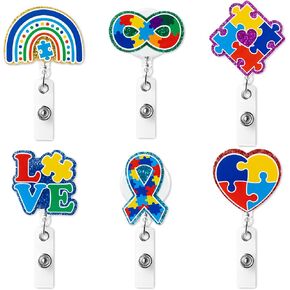 ANGOLIO 6Pcs Rainbow Autism Awareness Puzzle Badge Reel Retractable Glitter Acrylic Retractable Nursing Badge Clip Decorative for Doctor Nurse Student Card Holder Name Tag