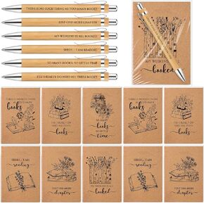 Book Lovers Gift Wooden Pens with Notebooks Ballpoint Pens Library Reading Notepad with Opp Bag for Women Book Lovers Club, 6 Styles