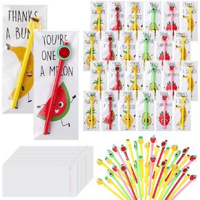 24 Sets Funny Thank You Gift Pens Include 24 Pcs Fruits Shaped Gel Ink Pens and 24 Pcs Cute Fruit Pun Cards, Funny Encouragement Greeting Congratulations Cute Cards for Students Bestie Friends Teacher