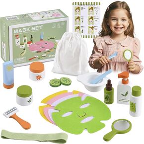 Ehome Wooden Makeup Toy Set for Toddler Pretend Play Skin Care Beauty Salon Set Wood Learning Toys, Play Spa Set with Face Mask Christmas Birthday Gifts for 3-8 Years Old, White