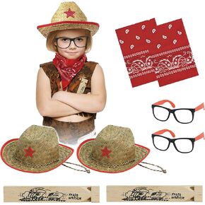 Miyuni Kids Straw Cowboy Hats and Bandannas مجموعة ، قبعات حزب رعاة البقر مع النظارات ، فتيات الفتيات روديو عيد ميلاد غربي حفلة