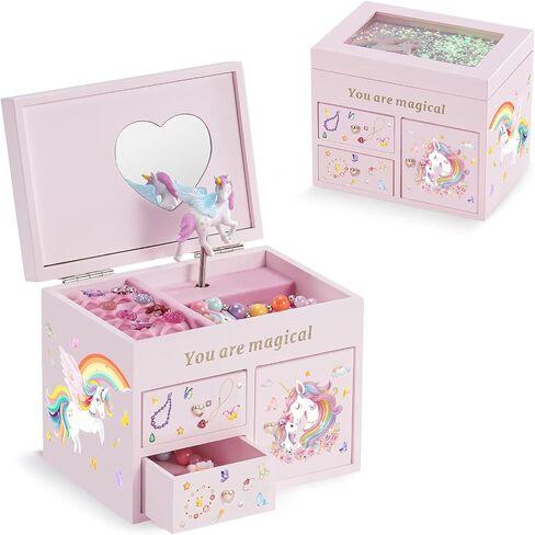 Lolalet Wooden Jewelry Box مع Unicorn for Girls ، منظم مجوهرات الأطفال الموسيقيين ، هدية لطفل صغير 2 3 4 5 6 7 8 9 في عيد الميلاد -العملة in Kuwait