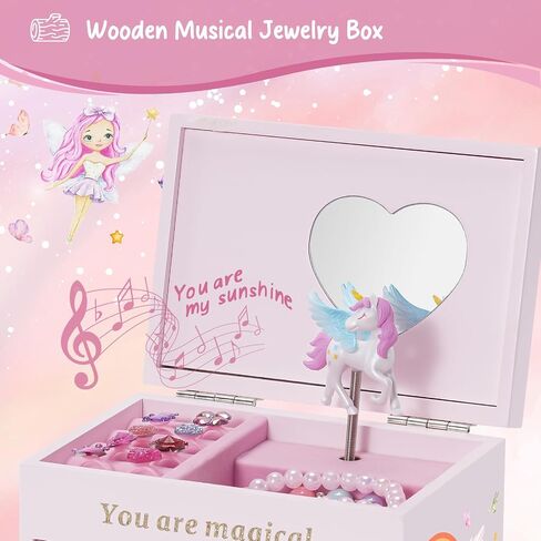 Lolalet Wooden Jewelry Box مع Unicorn for Girls ، منظم مجوهرات الأطفال الموسيقيين ، هدية لطفل صغير 2 3 4 5 6 7 8 9 في عيد الميلاد -العملة in Kuwait