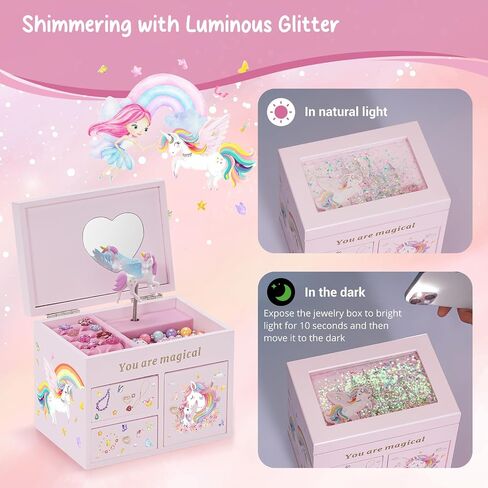 Lolalet Wooden Jewelry Box مع Unicorn for Girls ، منظم مجوهرات الأطفال الموسيقيين ، هدية لطفل صغير 2 3 4 5 6 7 8 9 في عيد الميلاد -العملة in Kuwait