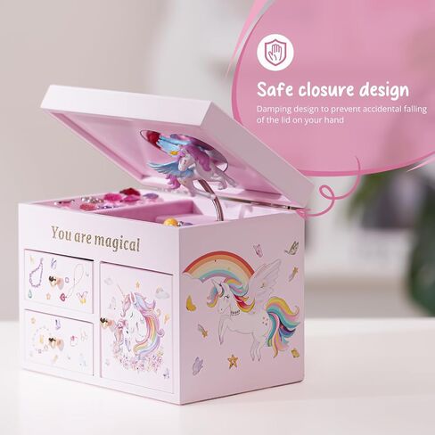 Lolalet Wooden Jewelry Box مع Unicorn for Girls ، منظم مجوهرات الأطفال الموسيقيين ، هدية لطفل صغير 2 3 4 5 6 7 8 9 في عيد الميلاد -العملة in Kuwait