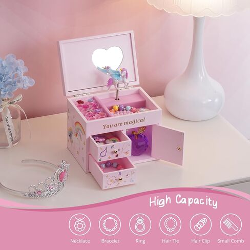 Lolalet Wooden Jewelry Box مع Unicorn for Girls ، منظم مجوهرات الأطفال الموسيقيين ، هدية لطفل صغير 2 3 4 5 6 7 8 9 في عيد الميلاد -العملة in Kuwait