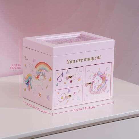 Lolalet Wooden Jewelry Box مع Unicorn for Girls ، منظم مجوهرات الأطفال الموسيقيين ، هدية لطفل صغير 2 3 4 5 6 7 8 9 في عيد الميلاد -العملة in Kuwait