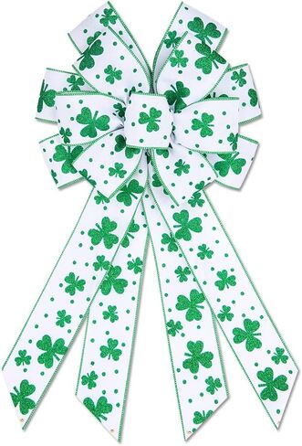 Hying Large St. Patrick's Day Bows for Wreath, Green Shamrock Bow White Burlap Wreath Bows Holiday Irish Clover Tree Topper Bows for Front Door Saint Patrick's Day Decorations Supplies in Kuwait