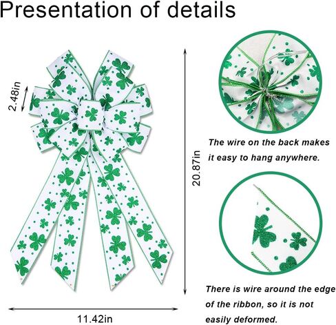 Hying Large St. Patrick's Day Bows for Wreath, Green Shamrock Bow White Burlap Wreath Bows Holiday Irish Clover Tree Topper Bows for Front Door Saint Patrick's Day Decorations Supplies in Kuwait