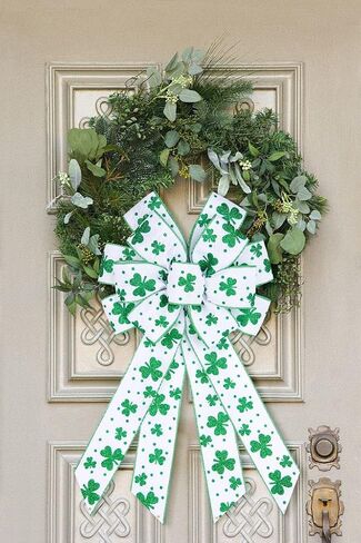 Hying Large St. Patrick's Day Bows for Wreath, Green Shamrock Bow White Burlap Wreath Bows Holiday Irish Clover Tree Topper Bows for Front Door Saint Patrick's Day Decorations Supplies in Kuwait