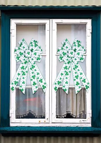 Hying Large St. Patrick's Day Bows for Wreath, Green Shamrock Bow White Burlap Wreath Bows Holiday Irish Clover Tree Topper Bows for Front Door Saint Patrick's Day Decorations Supplies in Kuwait