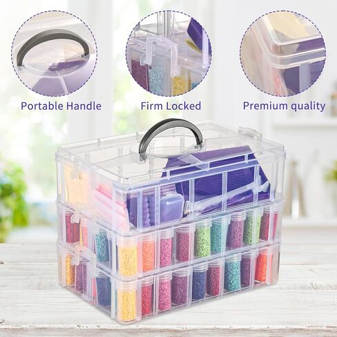 QUEFE 3-Tier Diamond Painting Storage Container, 100 Slots Clear Stackable Bead Organzier with Diamond Painting Accessories and Tools for DIY Diamond Art Craft Jewelry Bead Storage in Kuwait