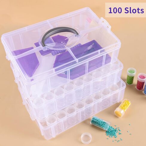 QUEFE 3-Tier Diamond Painting Storage Container, 100 Slots Clear Stackable Bead Organzier with Diamond Painting Accessories and Tools for DIY Diamond Art Craft Jewelry Bead Storage in Kuwait