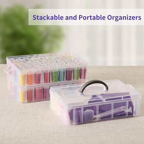 QUEFE 3-Tier Diamond Painting Storage Container, 100 Slots Clear Stackable Bead Organzier with Diamond Painting Accessories and Tools for DIY Diamond Art Craft Jewelry Bead Storage in Kuwait