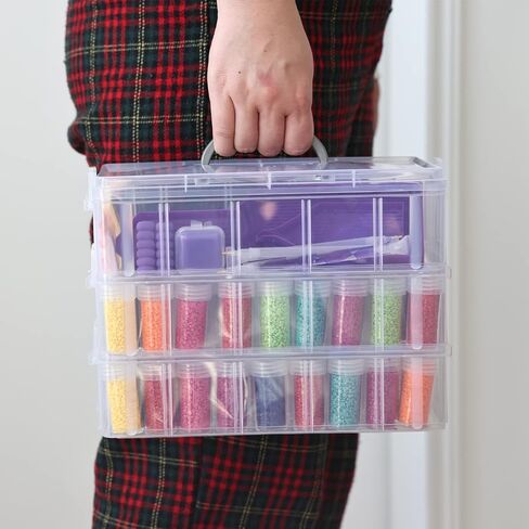 QUEFE 3-Tier Diamond Painting Storage Container, 100 Slots Clear Stackable Bead Organzier with Diamond Painting Accessories and Tools for DIY Diamond Art Craft Jewelry Bead Storage in Kuwait